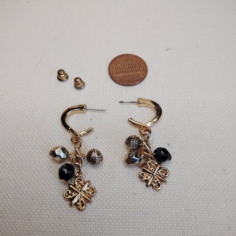 Gold Plated Huggie Hoop Earrings with Mixed Metal Beads and Charm